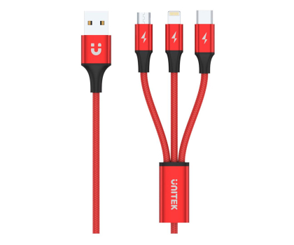 Kabel UNITEK 3-in-1 USB - USB-C/microUSB/Lightning, 1,2m; C4049RD